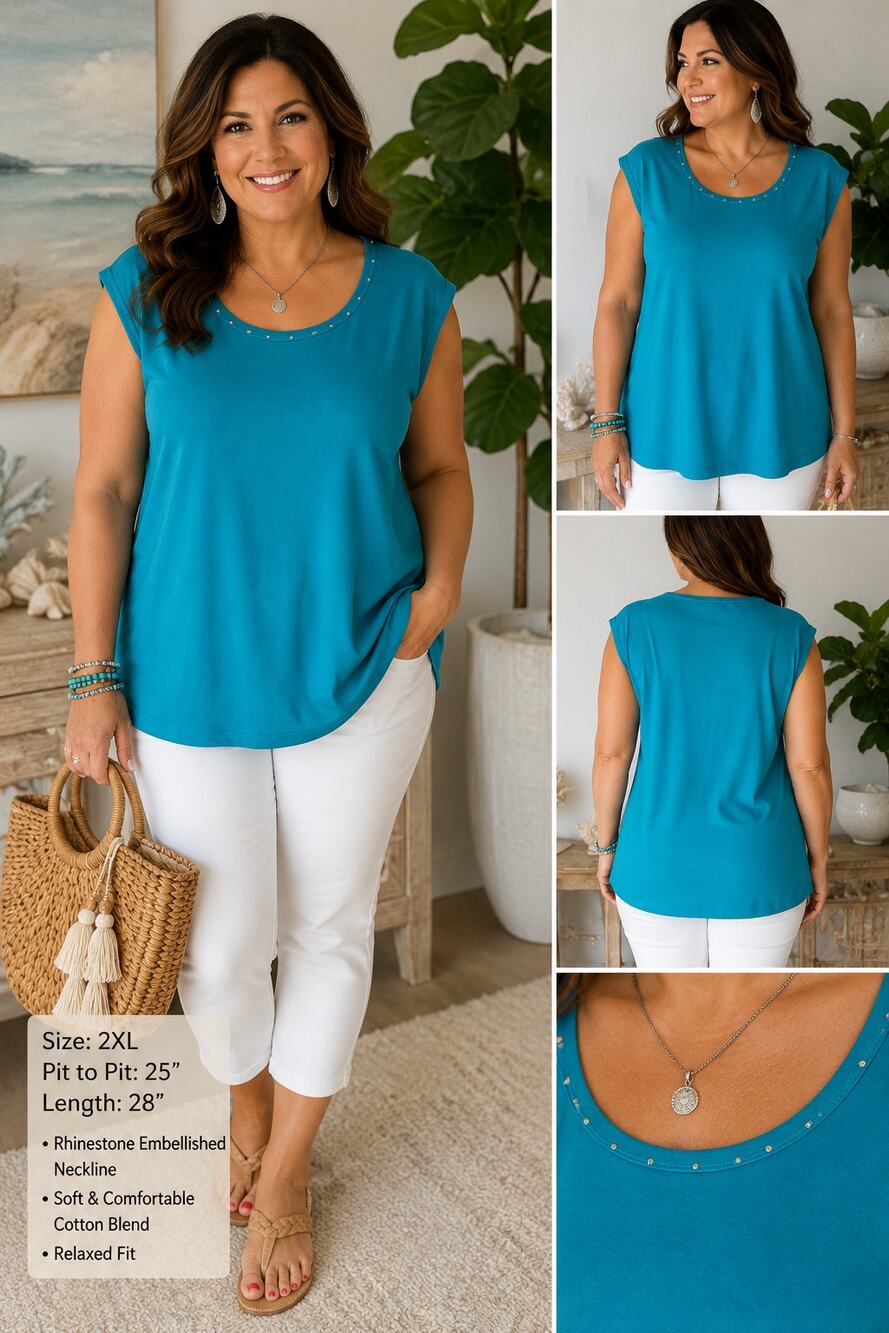 Isaac's Designs Casuals 2XL Turquoise Embellished Neck Sleeveless Top Plus Size